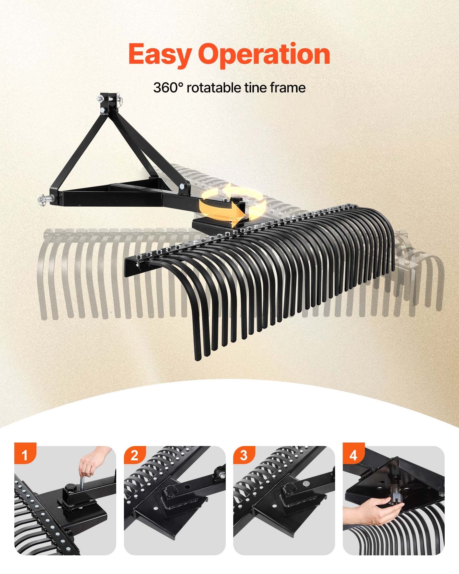 Heavy-Duty 60" Pull-Behind Thatch Remover with 32 Steel Prongs, Tractor-Compatible 3-Point Hitch for Efficient Lawn and Soil Maintenance