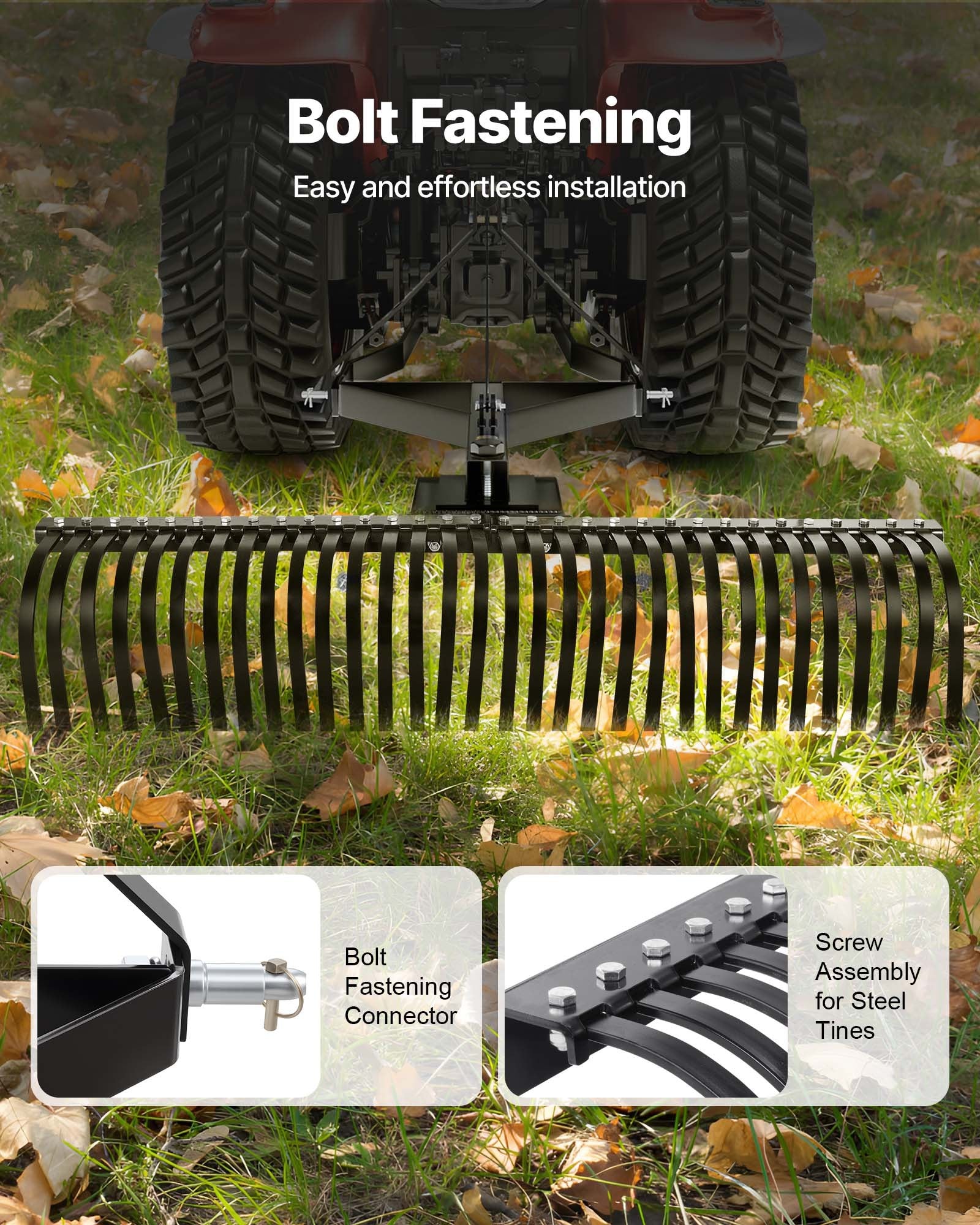 Heavy-Duty 60" Pull-Behind Thatch Remover with 32 Steel Prongs, Tractor-Compatible 3-Point Hitch for Efficient Lawn and Soil Maintenance