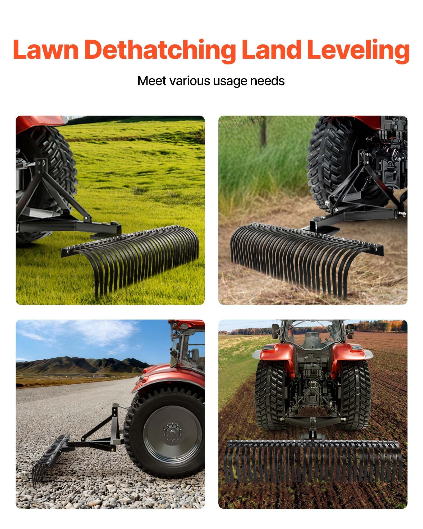 Heavy-Duty 60" Pull-Behind Thatch Remover with 32 Steel Prongs, Tractor-Compatible 3-Point Hitch for Efficient Lawn and Soil Maintenance