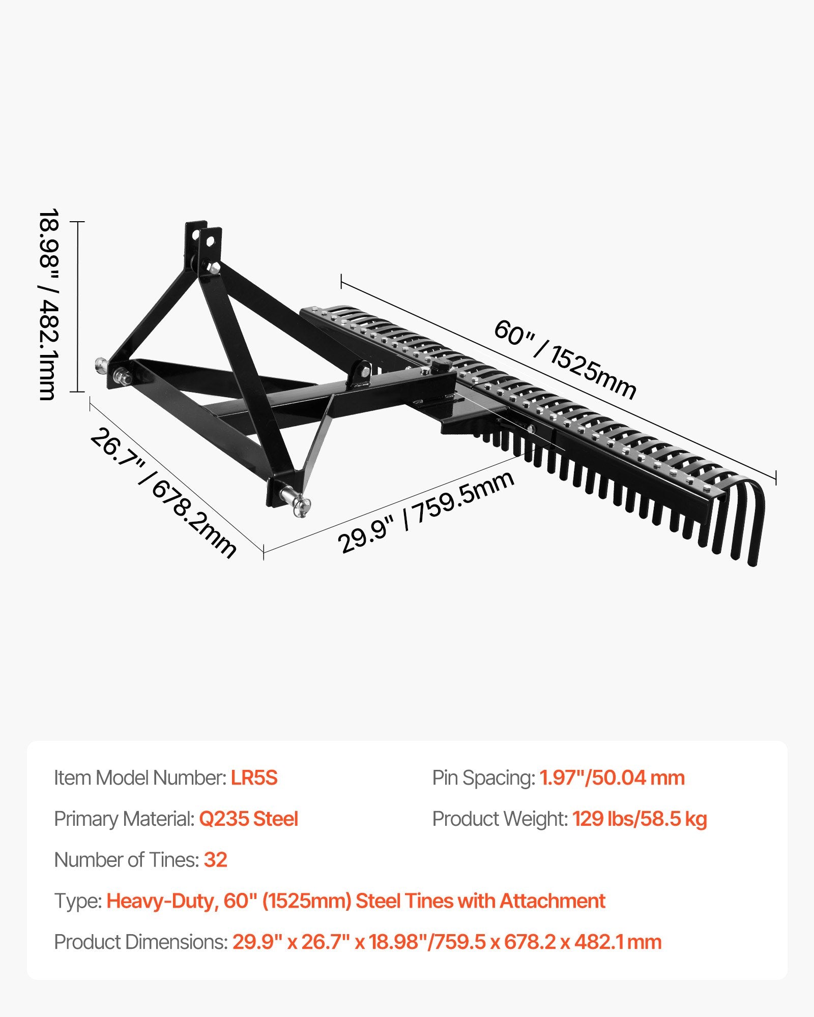 Heavy-Duty 60" Pull-Behind Thatch Remover with 32 Steel Prongs, Tractor-Compatible 3-Point Hitch for Efficient Lawn and Soil Maintenance