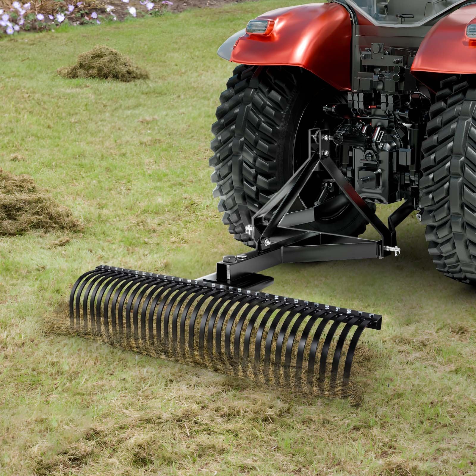 Heavy-Duty 60" Pull-Behind Thatch Remover with 32 Steel Prongs, Tractor-Compatible 3-Point Hitch for Efficient Lawn and Soil Maintenance
