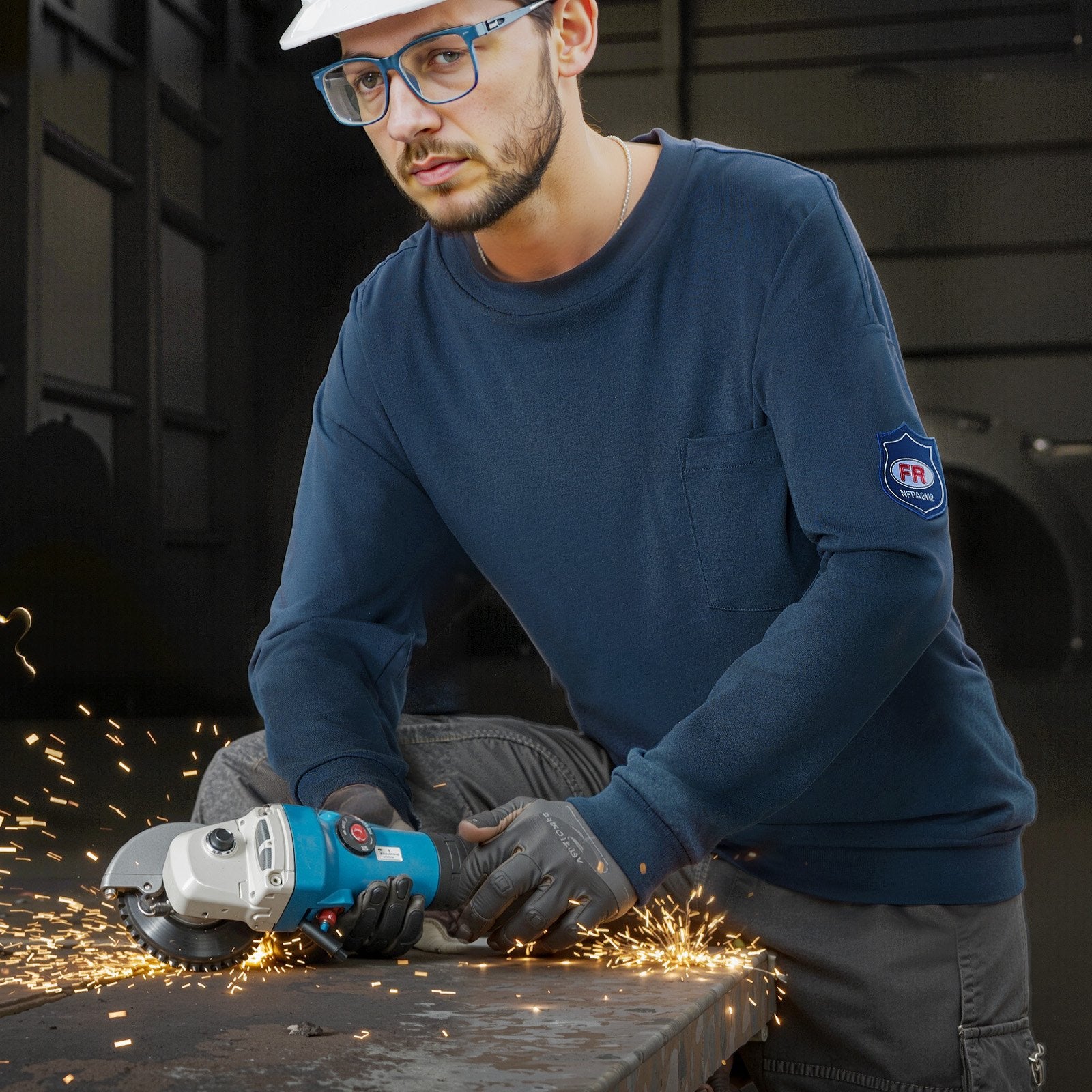 Men's 2XL Flame Resistant Work Shirt - Navy Blue, Lightweight 7 oz Breathable Cotton, Pre-Shrunk, Ideal for Welders & Electricians