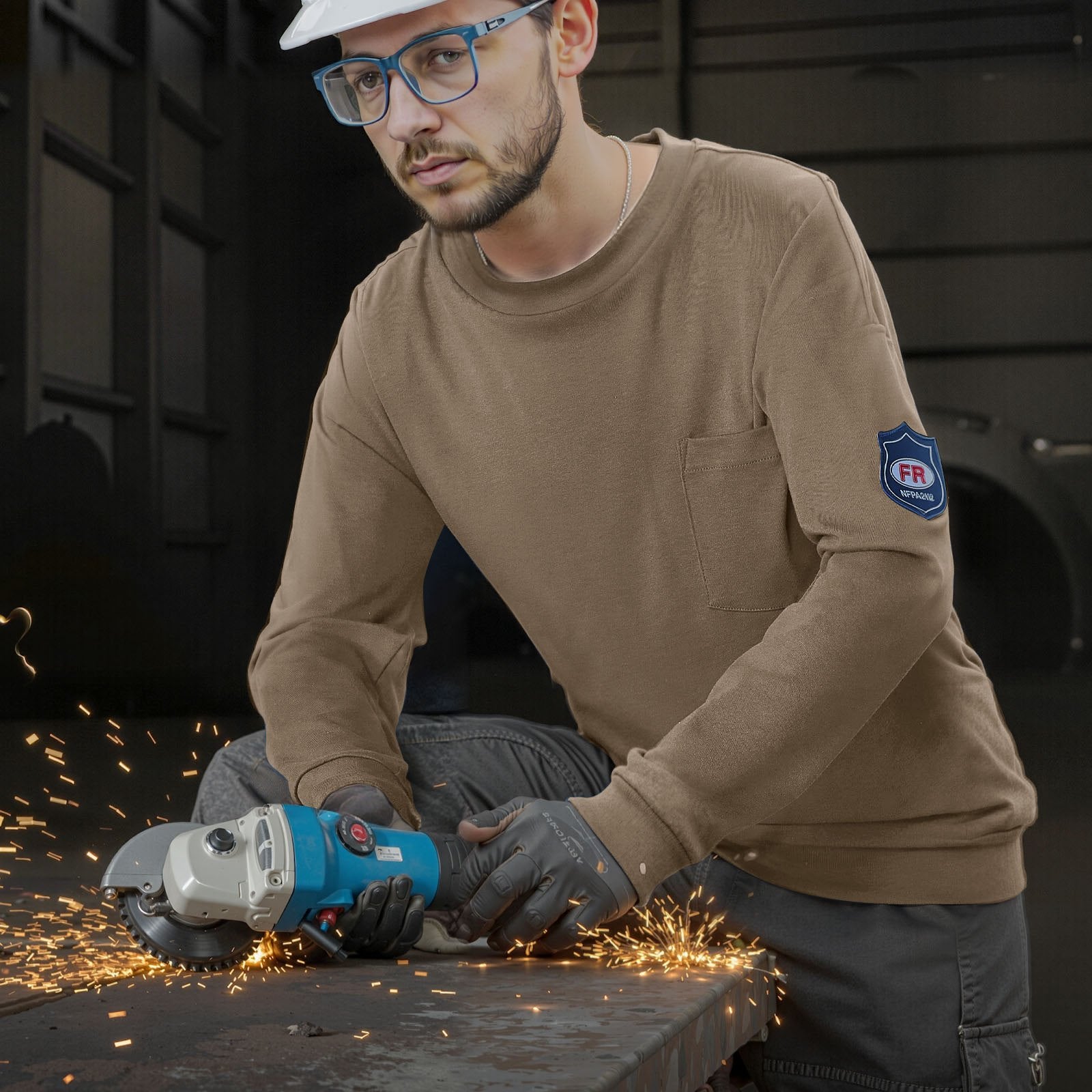 Men's 2XL Flame Resistant Work Shirt, 7 oz Breathable Cotton, Pre-Shrunk, Durable for Welders & Electricians, Gray with Pocket