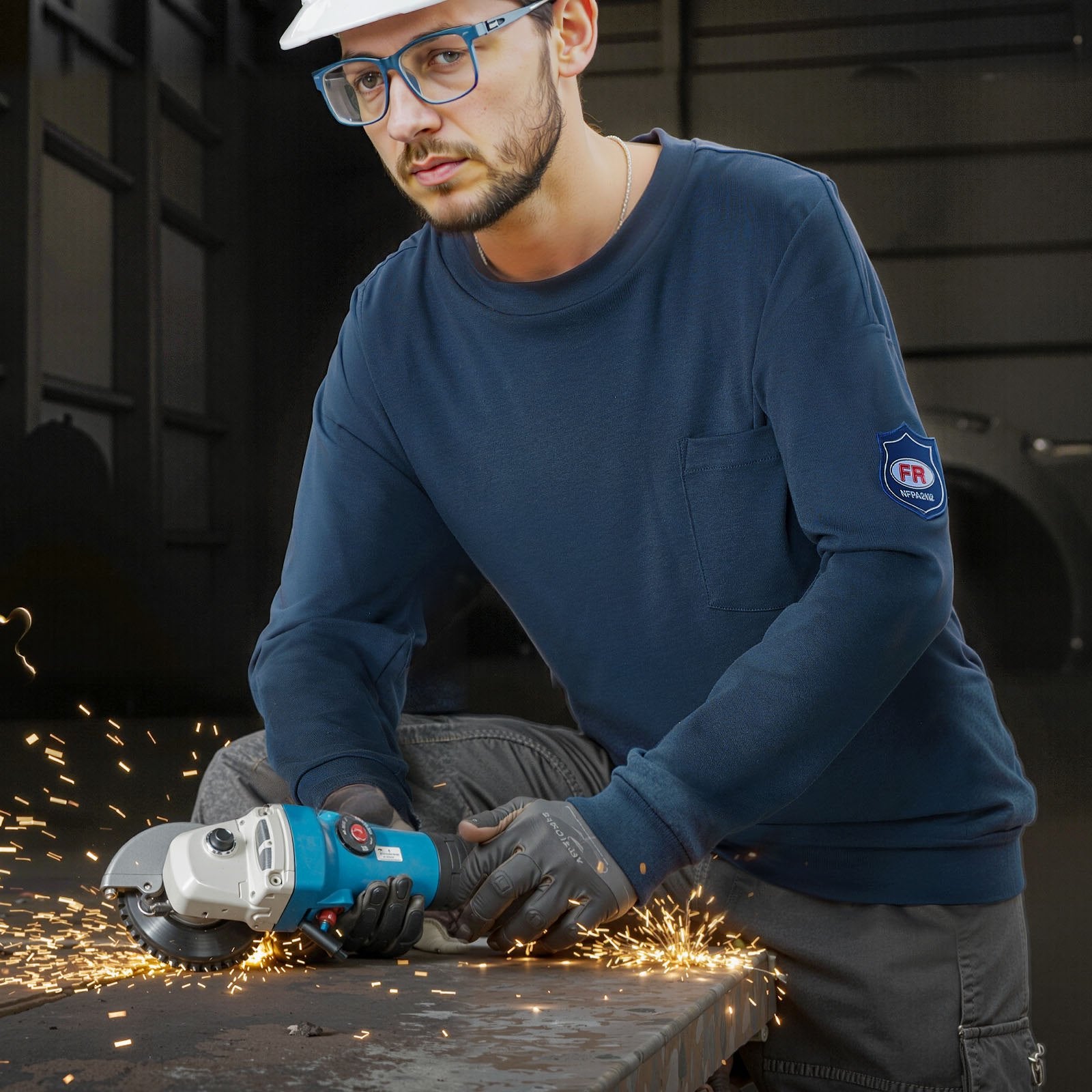 Men’s Flame Resistant Work Shirt, Lightweight 7 oz Breathable Cotton, Pre-shrunk, Pocketed, Navy Blue, Ideal for Welders & Electricians