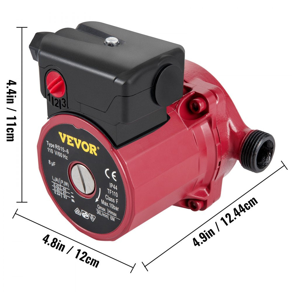 High-Efficiency 93W Water Circulator Pump with 3-Speed Control and Brass Fittings for Electric Water Heater Systems, 9.5 GPM, 110V, NPT 3/4" Connections