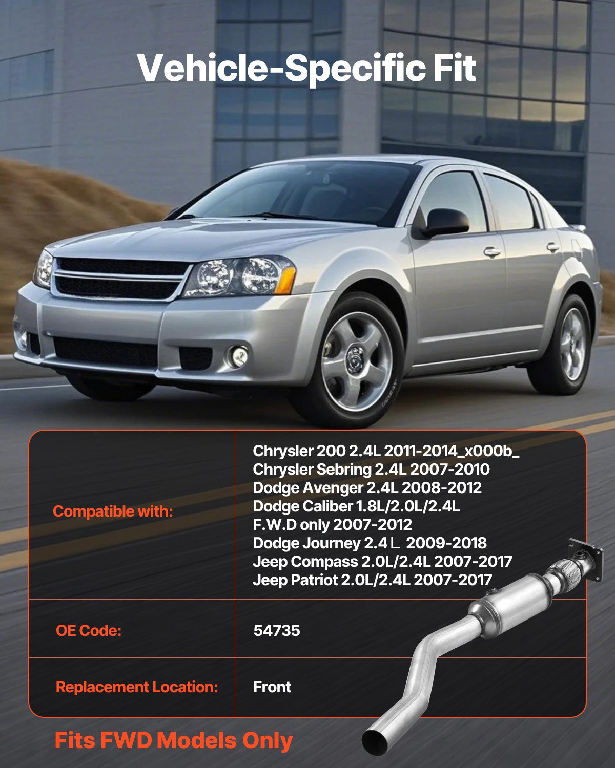 Stainless Steel Catalytic Converter for Chrysler 200/Dodge Avenger/Jeep Compass 2.4L L4 – Front Exhaust Gas Purification, OE 54735 Compliant