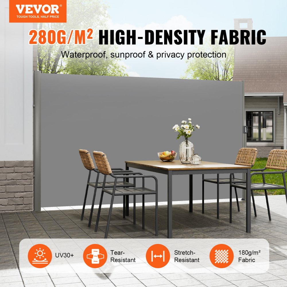 VEVOR Retractable Side Awning 118" x 71", Retractable Patio Screen Waterproof, Retractable Room Divider Grey for Privacy, Garden, Outdoor, Patio and Terrace