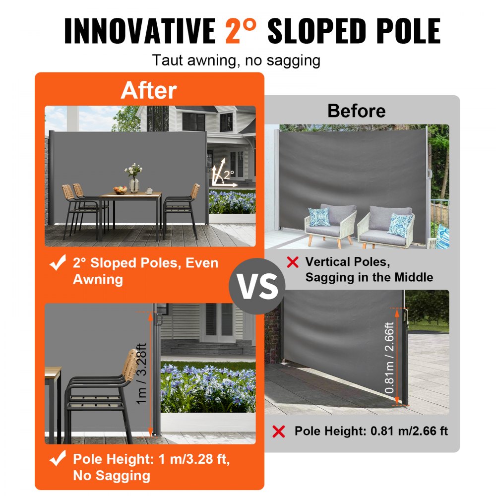 VEVOR Retractable Side Awning 118" x 71", Retractable Patio Screen Waterproof, Retractable Room Divider Grey for Privacy, Garden, Outdoor, Patio and Terrace