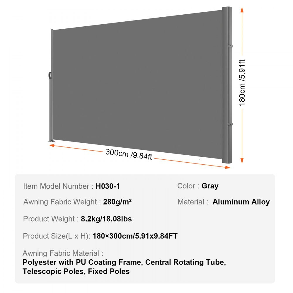 VEVOR Retractable Side Awning 118" x 71", Retractable Patio Screen Waterproof, Retractable Room Divider Grey for Privacy, Garden, Outdoor, Patio and Terrace