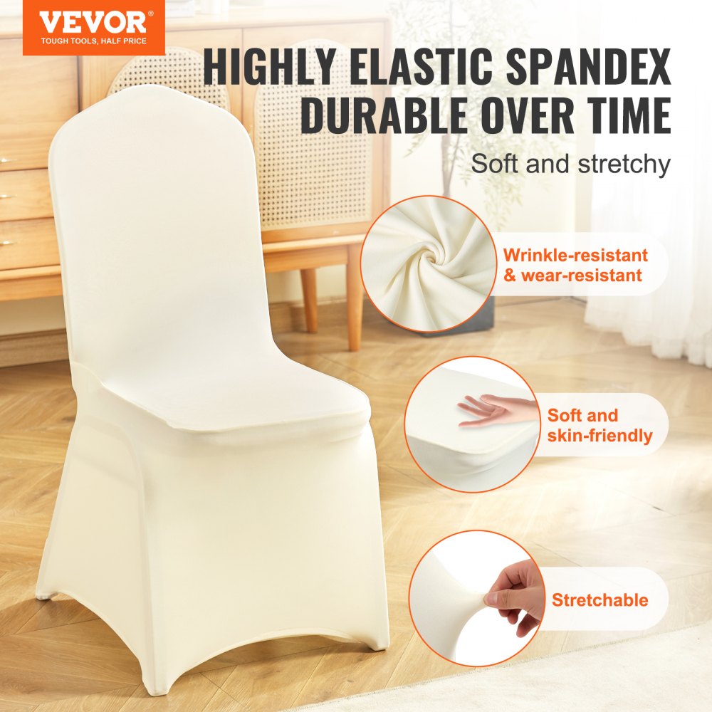 VEVOR Stretch Spandex Folding Chair Covers, Universal Fitted Chair Cover, Removable Washable Protective Slipcovers, for Wedding, Holiday, Banquet, Party, Celebration, Dining (100PCS Ivory White)