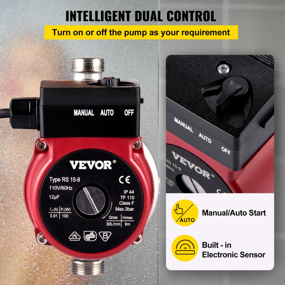Efficient 120W Water Circulator Pump with Automatic Start and Dual Control Modes for Home Heating Systems, Includes Brass Fittings and Stainless Steel Pump Head, NPT 3/4" Connection