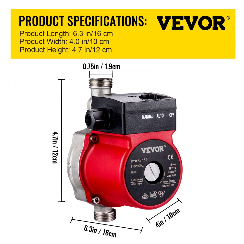 Efficient 120W Water Circulator Pump with Automatic Start and Dual Control Modes for Home Heating Systems, Includes Brass Fittings and Stainless Steel Pump Head, NPT 3/4" Connection
