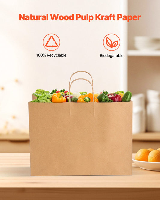 Kraft Paper Bags with Sturdy Handles, 100 Pack, Large 16x6x12" Reusable Grocery & Take-Out Sacks, Eco-Friendly Brown Bags for Parties, Weddings, Business, DIY