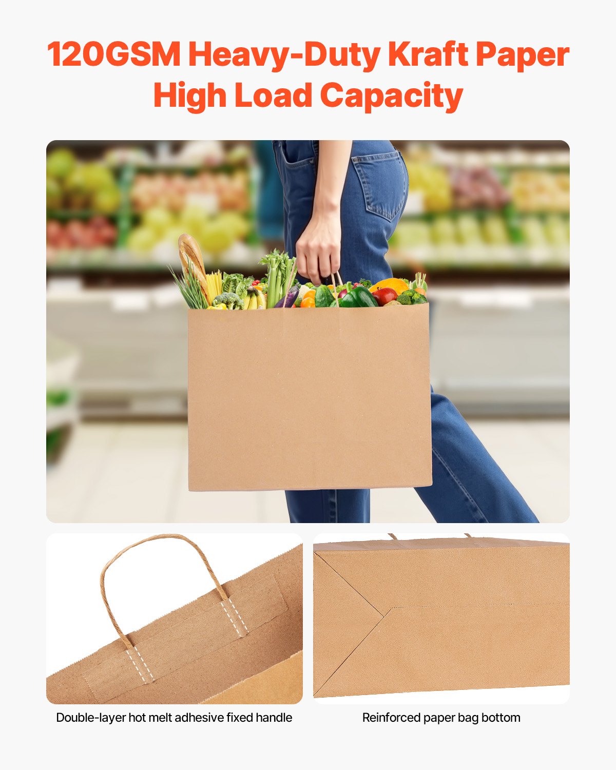 Kraft Paper Bags with Sturdy Handles, 100 Pack, Large 16x6x12" Reusable Grocery & Take-Out Sacks, Eco-Friendly Brown Bags for Parties, Weddings, Business, DIY