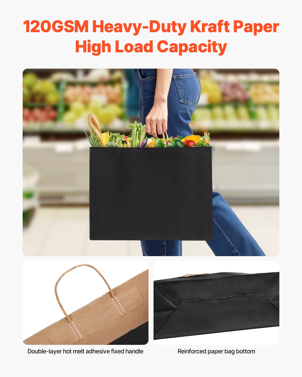 Eco-Friendly Black Kraft Paper Bags with Handles - 100 Pack, Large Reusable Grocery Sacks, Perfect for Parties, Weddings, Business & More