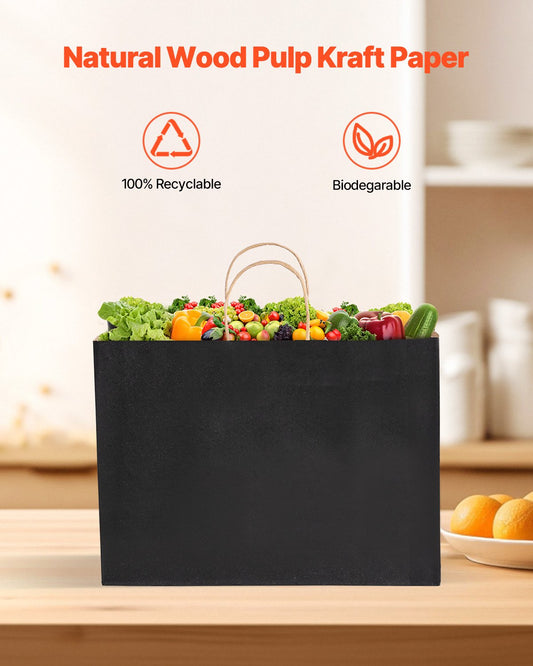 Large Black Kraft Paper Bags with Sturdy Handles - 50 Pack, 16x6x12 in, Eco-Friendly Reusable Grocery, Party & Gift Bags for Weddings, Birthdays, Business Events