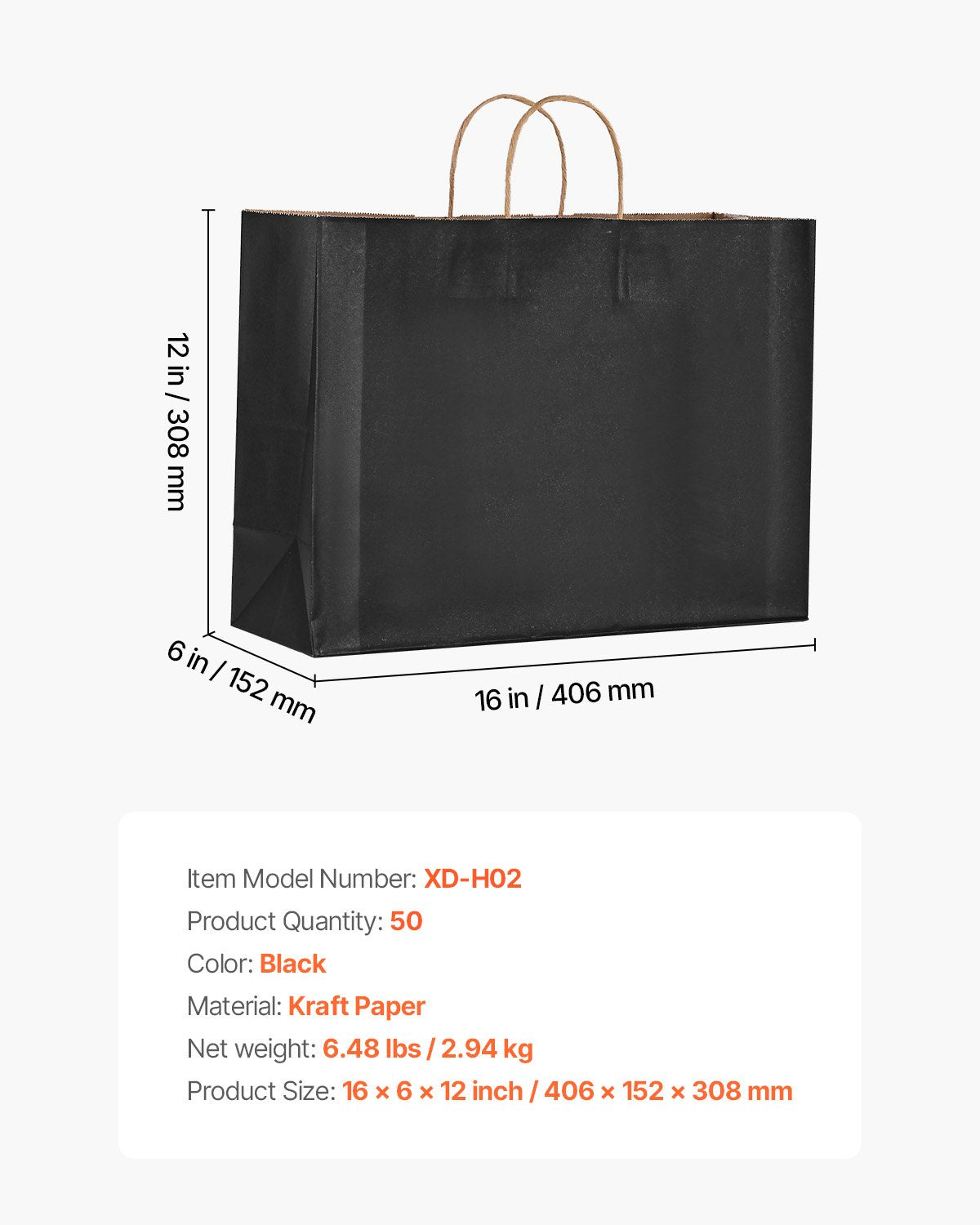 Large Black Kraft Paper Bags with Sturdy Handles - 50 Pack, 16x6x12 in, Eco-Friendly Reusable Grocery, Party & Gift Bags for Weddings, Birthdays, Business Events