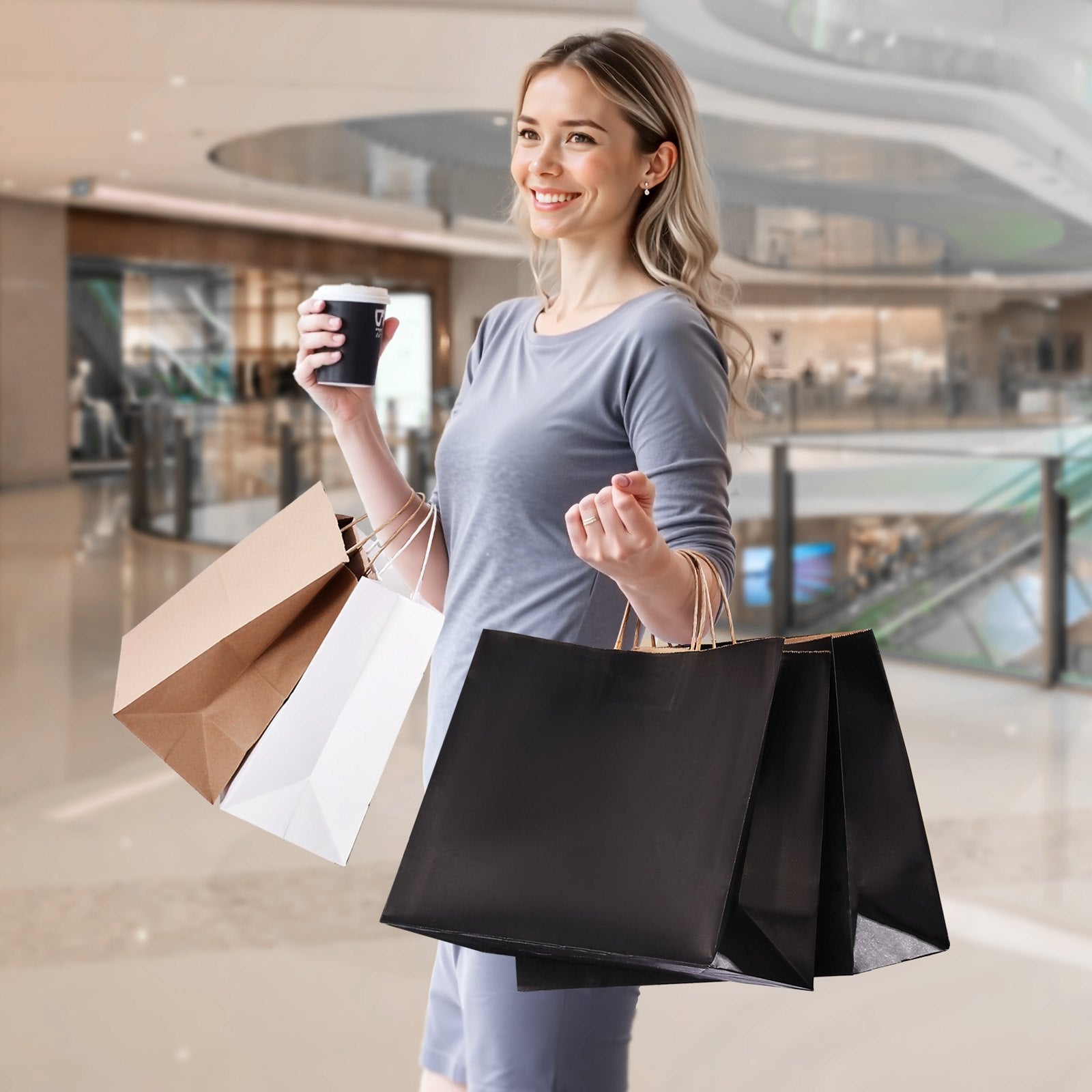 Large Black Kraft Paper Bags with Sturdy Handles - 50 Pack, 16x6x12 in, Eco-Friendly Reusable Grocery, Party & Gift Bags for Weddings, Birthdays, Business Events