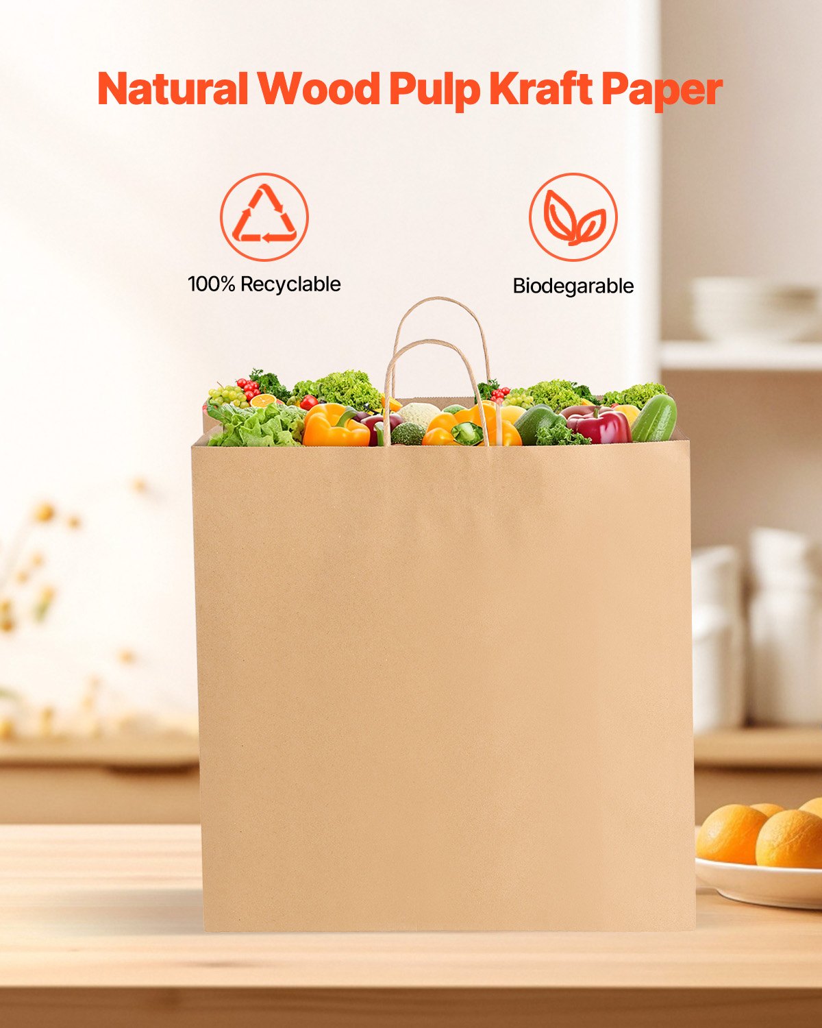 Eco-Friendly Kraft Paper Bags with Handles - 100 Large Reusable Grocery Sacks, Sturdy Recycled Brown Party Bags for Events, DIY, Business