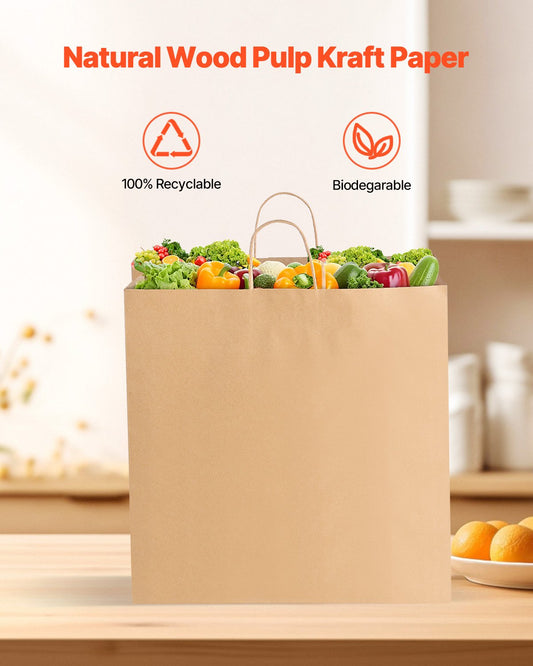 Eco-Friendly Kraft Paper Bags with Handles - 100 Large Reusable Grocery Sacks, Sturdy Recycled Brown Party Bags for Events, DIY, Business