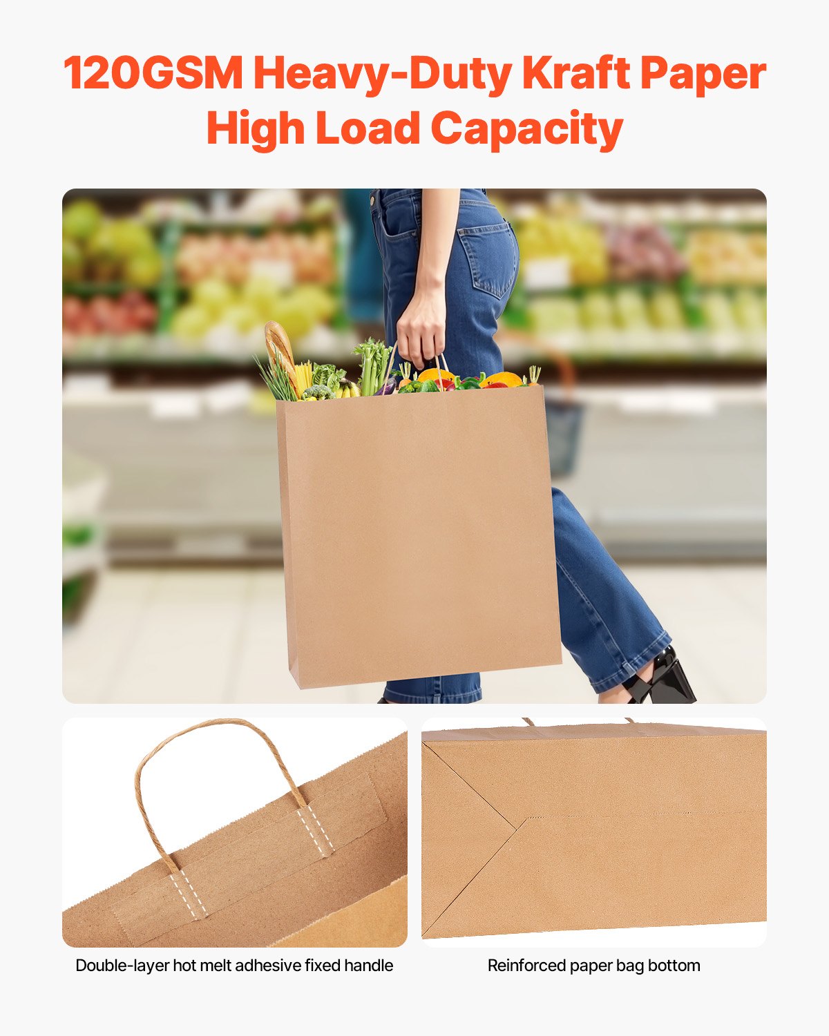 Eco-Friendly Kraft Paper Bags with Handles - 100 Large Reusable Grocery Sacks, Sturdy Recycled Brown Party Bags for Events, DIY, Business