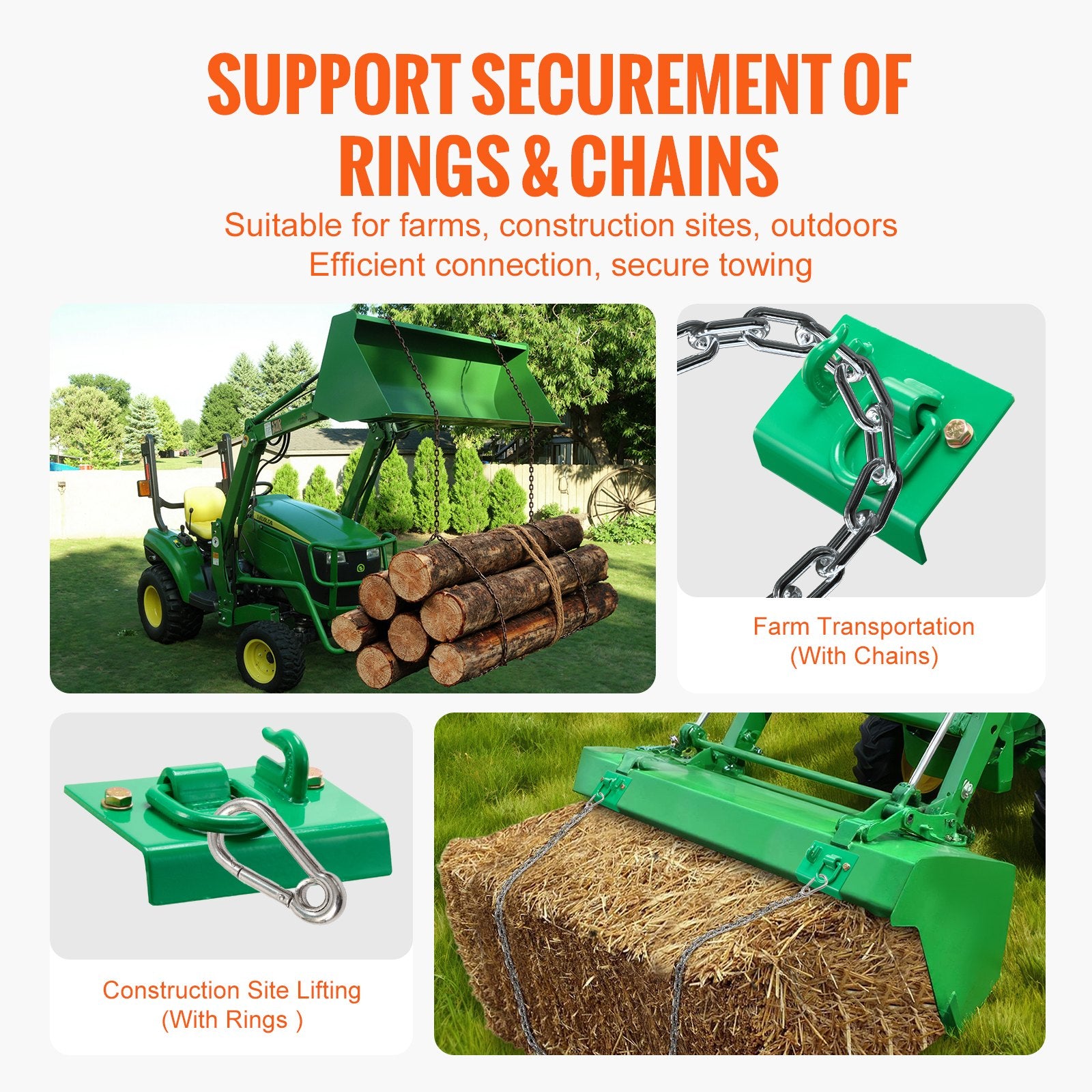 Heavy-Duty 5/16" Tractor Bucket Hooks with Tie Down Rings - Grade 70 Forged Steel, Bolt-On Grab Hook Set for RV, UTV, Trucks - 12,000 lbs Break Strength, Easy Installation, Green