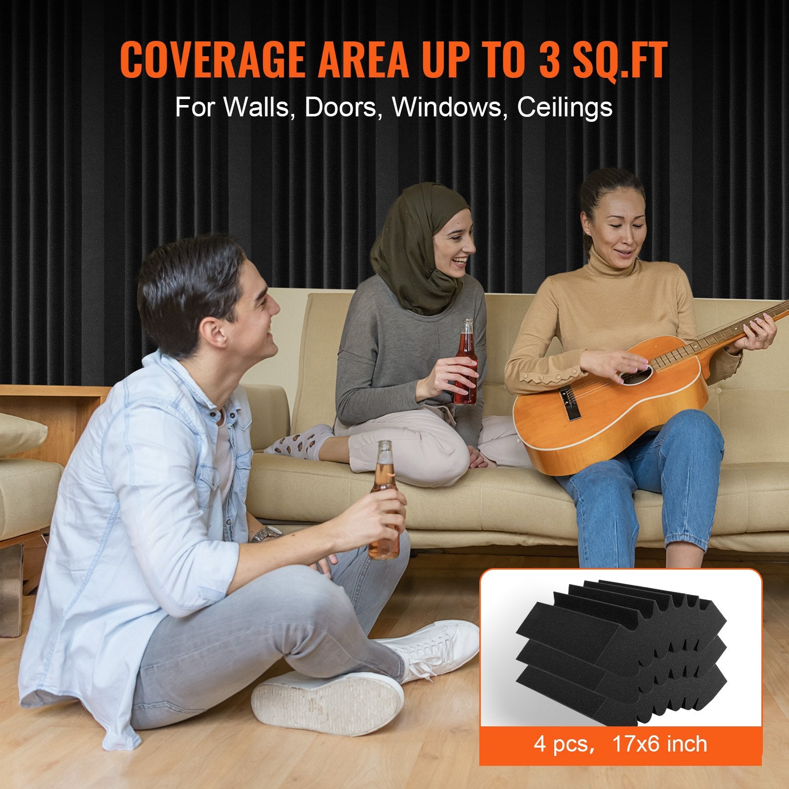 Premium Acoustic Foam Panels - 4-Pack, Black, High-Density Soundproofing, Fire-Resistant, Noise Reduction for Studio Walls & Ceilings, Adhesive Wedge Design