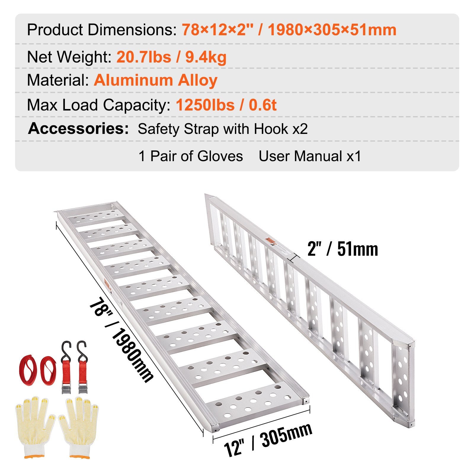 Heavy-Duty Aluminum Loading Ramps, 1250lbs Capacity, Non-Slip Tread with Load Straps for Motorcycles, ATVs, Trucks, Mowers, and More – 78"x12" Portable Ramp Pair for Safe Loading and Unloading